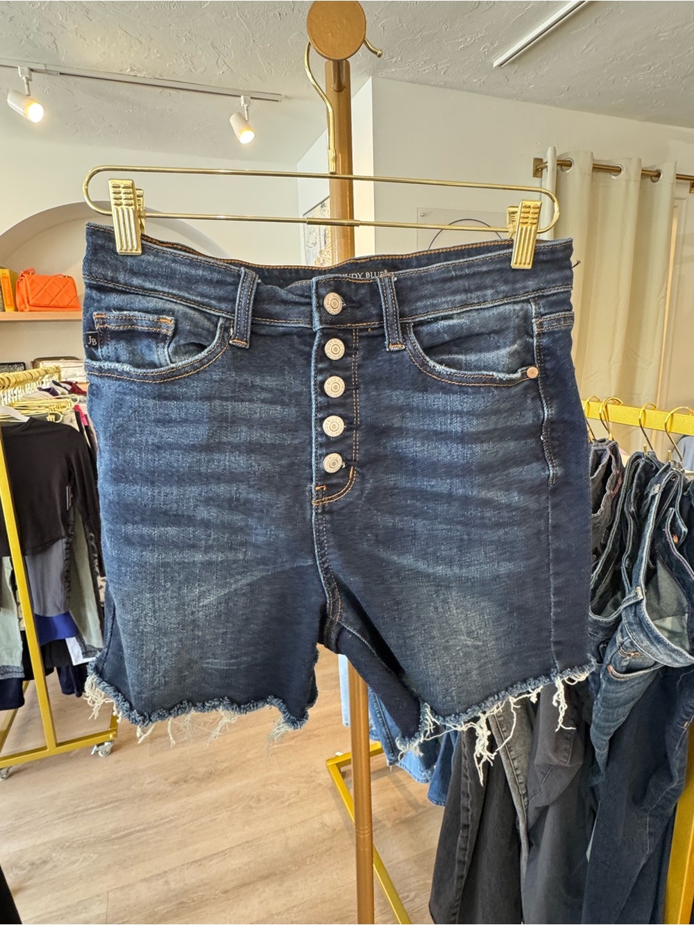 Judy Blue Womens Essentially Yours Button Fly Shorts Dark Wash Cutoff Fray Large